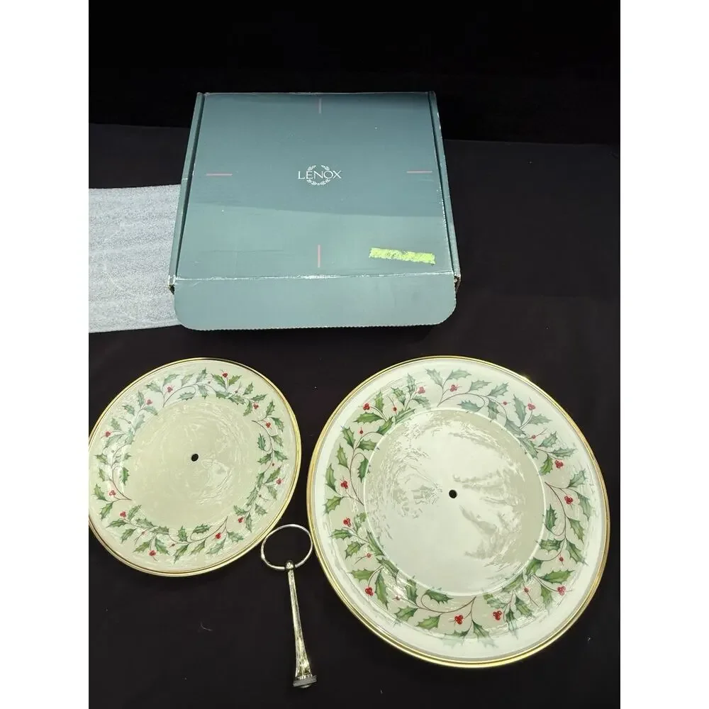 Lenox Holiday Two Tier Tidbit Dessert Stand Holly Pattern Complete Set In Box